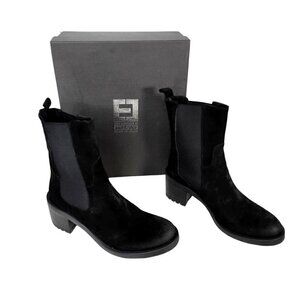 Made In Italy Suede Leather Chunky Heel Chelsea Booties Ankle Boots Black Sz 10